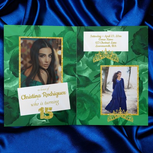 Shimmery Groen, Goud, Blauw Quinceanera Uitnodigin Folie Wenskaart