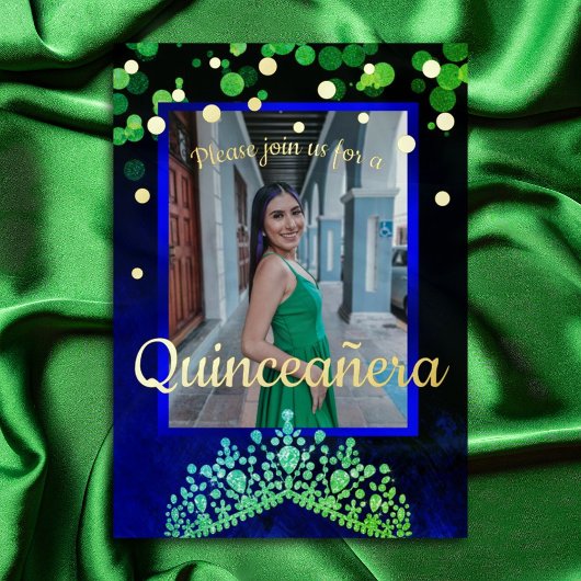 Shimmery Groen, Goud, Blauw Quinceanera Uitnodigin Folie Wenskaart