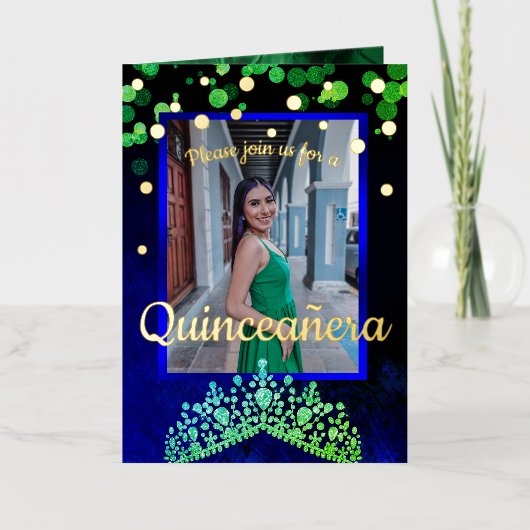 Shimmery Groen, Goud, Blauw Quinceanera Uitnodigin Folie Wenskaart (Voorkant)