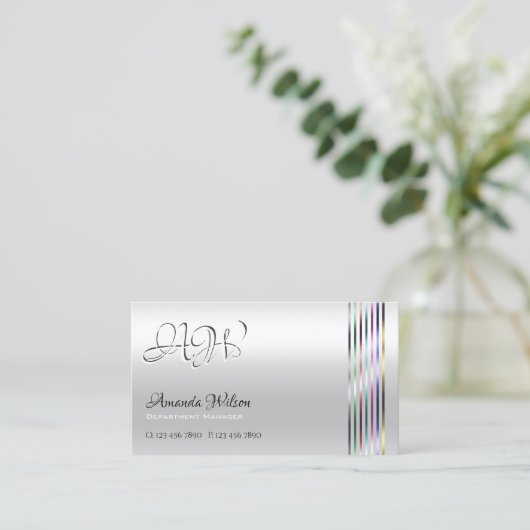 Shimmery Licht Zilveren Kleurrijke Strepen Monogra Visitekaartje (Staand voorkant)