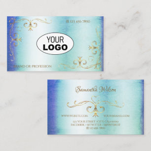 Shimmery Marble Blue Blauwgroen Gold  Corners Logo Visitekaartje