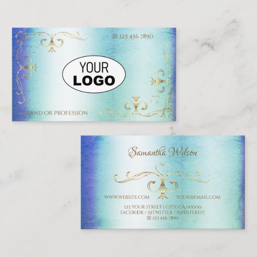 Shimmery Marble Blue Blauwgroen Gold  Corners Logo Visitekaartje (Voorkant / Achterkant)