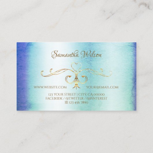 Shimmery Marble Blue Blauwgroen Gold  Corners Logo Visitekaartje (Achterkant)