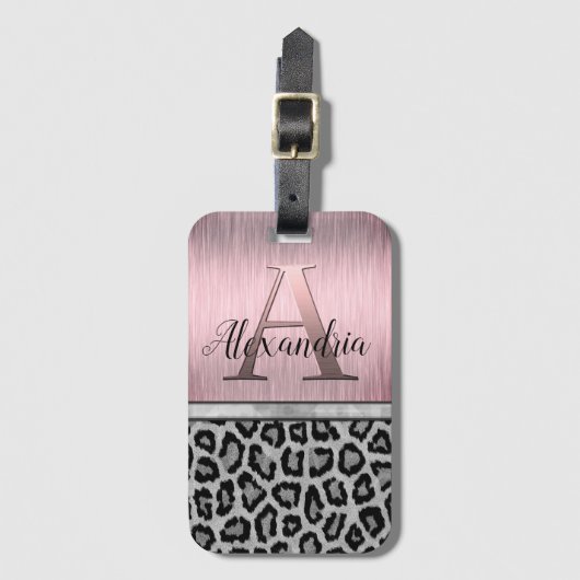 Shimmery Pink Blush Monogram Leopard Bagagelabel (Voorkant (verticaal))