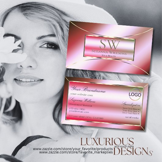 Shimmery Pink Green Ombre met Monogram en Logo Visitekaartje