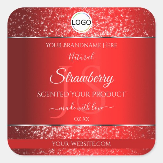 Shimmery Red Logo Initialen Glitter Product Labels (Voorkant)