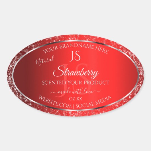 Shimmery Red met Glitter Initialen Productlabels Ovale Sticker (Voorkant)