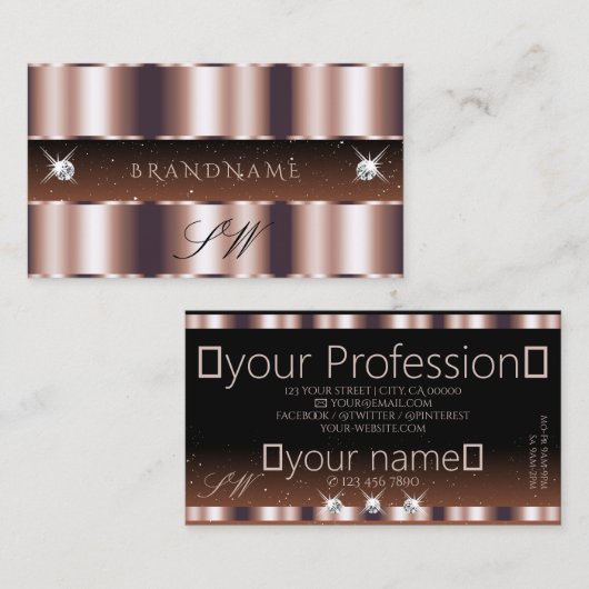 Shimmery Roos Gold Brown Sparkle Jewels Monogram Visitekaartje (Voorkant / Achterkant)