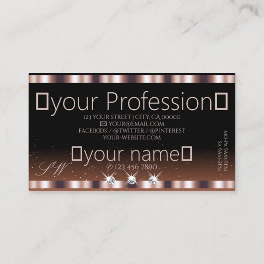 Shimmery Roos Gold Brown Sparkle Jewels Monogram Visitekaartje (Achterkant)