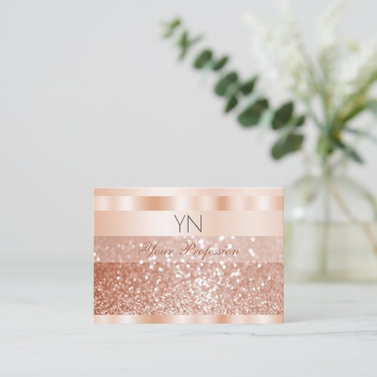 Shimmery Roos Gold Sparkle Glitter Monogram Luxe Visitekaartje (Staand voorkant)