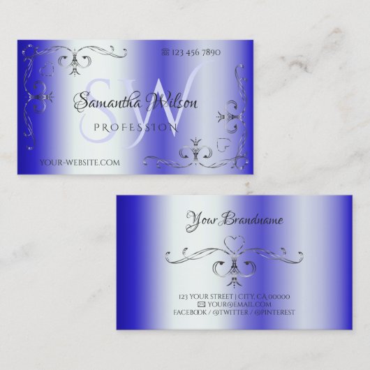 Shimmery Royal Blue  Corner Border Initialen Visitekaartje (Voorkant / Achterkant)