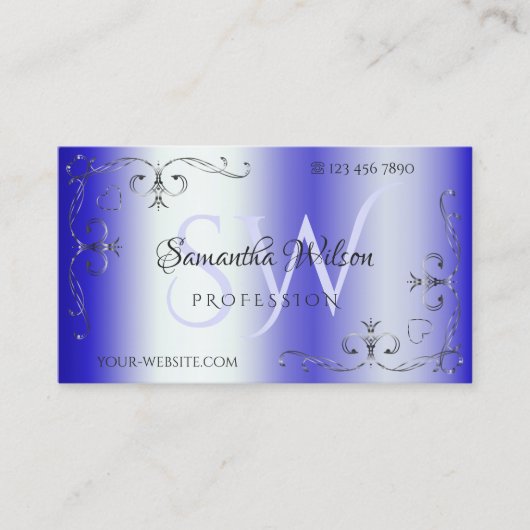 Shimmery Royal Blue  Corner Border Initialen Visitekaartje (Voorkant)