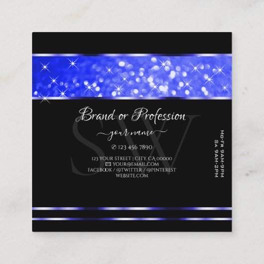 Shimmery Royal Blue Glitter Sparkle Stars Initiale Vierkante Visitekaartje (Achterkant)