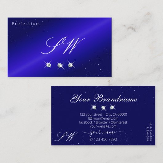 Shimmery Royal Blue Sparking Diamonds Monogram Visitekaartje (Voorkant / Achterkant)