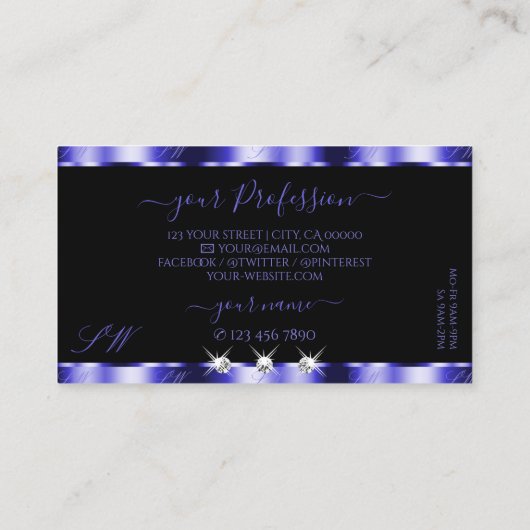 Shimmery Royal Blue Sparkle Jewels Monogram Visitekaartje (Achterkant)
