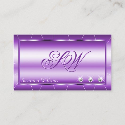 Shimmery Royal Paars met diamanten en monogram Visitekaartje (Voorkant)