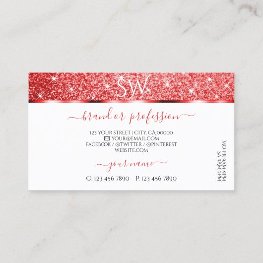 Shimmery Ruby Red Glitter Sparkle Stars Initialen Visitekaartje (Achterkant)