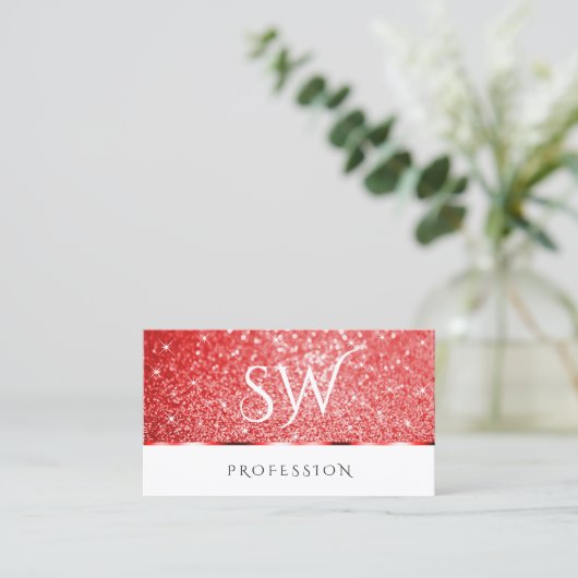 Shimmery Ruby Red Glitter Sparkle Stars Initialen Visitekaartje (Staand voorkant)