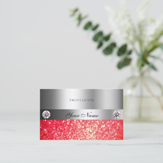 Shimmery Silver Sparkle Ruby Red Glitter Diamonds Visitekaartje (Staand voorkant)