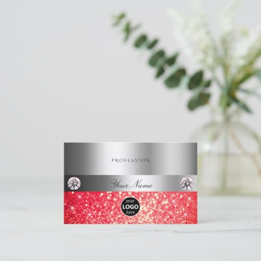 Shimmery Silver Sparkle Ruby Red Glitter met Logo Visitekaartje (Staand voorkant)
