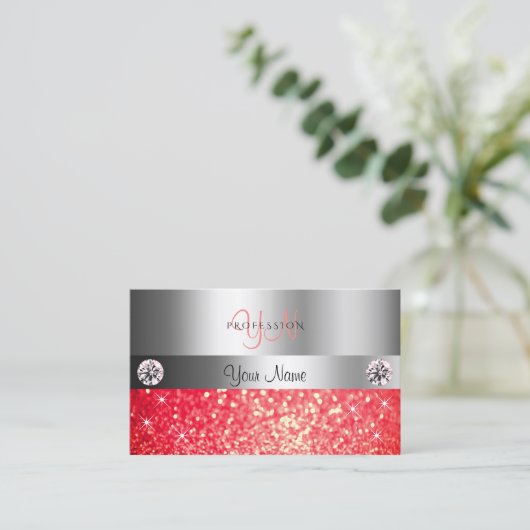 Shimmery Silver Sparkle Ruby Red Glitter Monogram Visitekaartje (Staand voorkant)