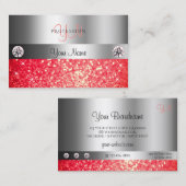 Shimmery Silver Sparkle Ruby Red Glitter Monogram Visitekaartje (Voorkant / Achterkant)