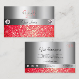 Shimmery Silver Sparkle Ruby Red Glitter Monogram Visitekaartje