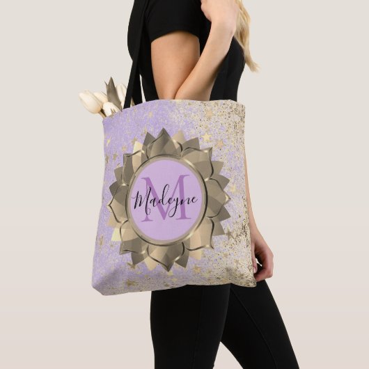 Shimmery Stars Gold Lotus Mandala Monogram Tote Bag (Dichtbij)