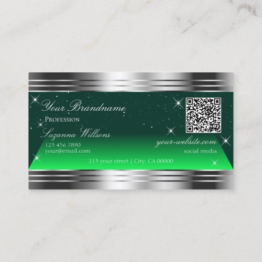 Shimmery Stars Green Silver Borders Logo QR-code Visitekaartje (Achterkant)