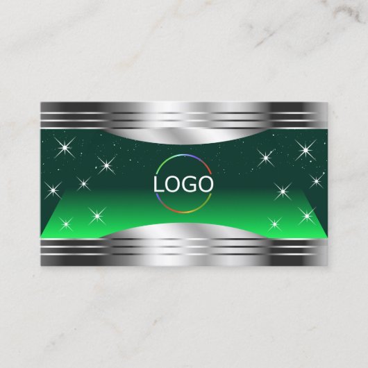 Shimmery Stars Green Silver Borders Logo QR-code Visitekaartje (Voorkant)