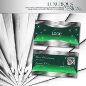 Shimmery Stars Green Silver Borders Logo QR-code Visitekaartje