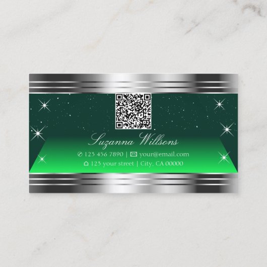 Shimmery Stars Groene Zilveren Randen met QR-code Visitekaartje (Achterkant)