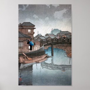 Shinagawa op Rainy Day, Hasui Kawase, Woodcut Poster