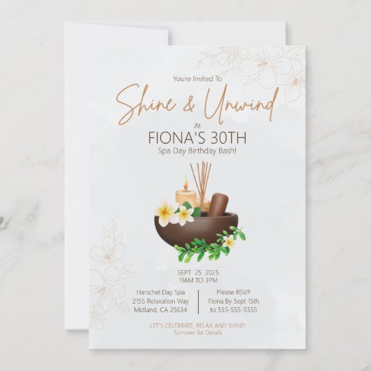 Shine and Unwind Spa Dag Verjaardag Bash Uitnodigi Kaart (Voorkant)