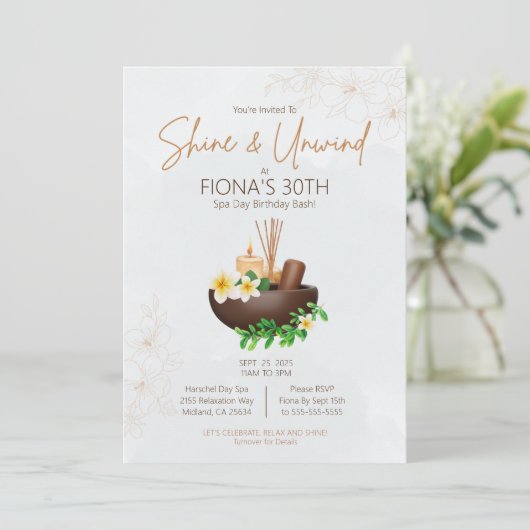 Shine and Unwind Spa Dag Verjaardag Bash Uitnodigi Kaart (Staand voorkant)
