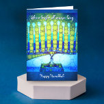 "Shine" blue menorah foto, aangepaste naam Hanukka Feestdagen Kaart<br><div class="desc">"Het hele seizoen helder schitteren. Happy Hanukkah." Een close-upfoto van een heldere, kleurrijke, blauwe artsy menorah helpt je om mee te doen in de vakantie van Hanukkah. Voel de warmte en de vreugde van het vakantieseizoen als je dit prachtige, kleurrijke wenskaart Hanukkah verstuurt. De bijbehorende enveloppen, stickers, zegels, canvas tassen,...</div>