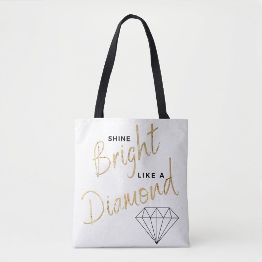 Shine Bright Diamond Script Zwart Wit Faux Gold Tote Bag (Voorkant)
