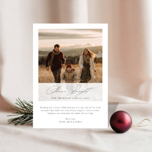 Shine Bright Elegant Script Rustic Christmas Photo Feestdagenkaart
