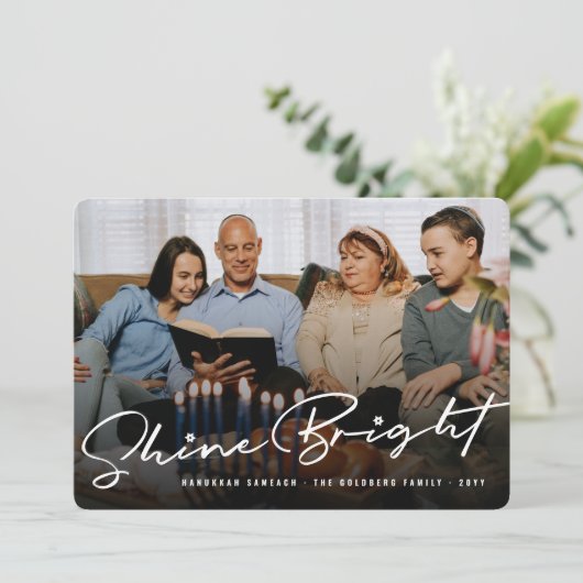Shine Bright Handschrift Script Hanukkah Photo Feestdagenkaart (Staand voorkant)