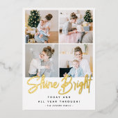 Shine Bright Kerstmis 4 Foto Collage Gold Folie Feestdagenkaart (Voorkant)
