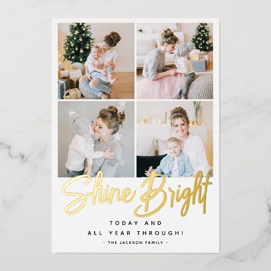 Shine Bright Kerstmis 4 Foto Collage Gold Folie Feestdagenkaart (Voorkant)