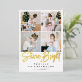 Shine Bright Kerstmis 4 Foto Collage Gold Folie Feestdagenkaart (Staand Voorkant)