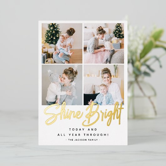 Shine Bright Kerstmis 4 Foto Collage Gold Folie Feestdagenkaart (Staand Voorkant)