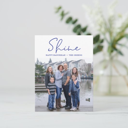 Shine Happy Hanukkah Blue Photo Holiday Briefkaart (Staand voorkant)