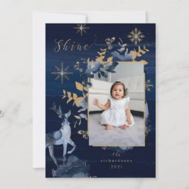 Shine Navy Gold Snowflakes Reindeer & Jewels Foto Feestdagenkaart