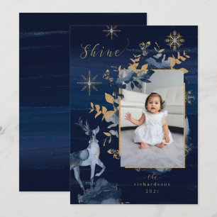 Shine Navy Gold Snowflakes Reindeer & Jewels Foto Feestdagenkaart