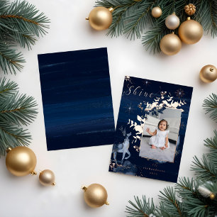 Shine Navy Gold Snowflakes Reindeer & Jewels Foto Folie Feestdagenkaart