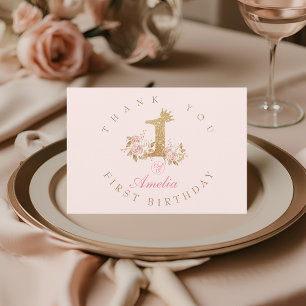 Shine Pink Gold Crown Princess 1e verjaardagsfeest Bedankkaart