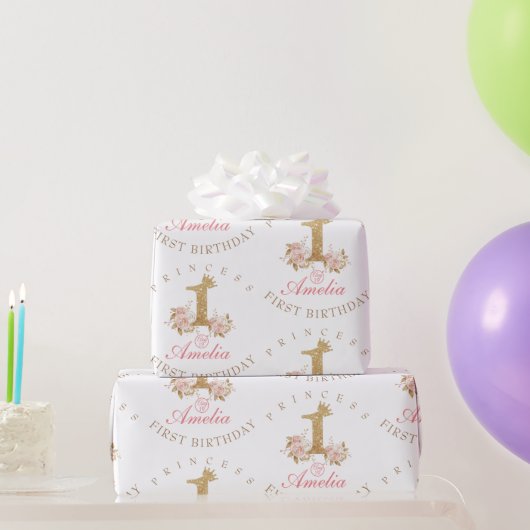 Shine Pink Gold Crown Princess 1e verjaardagsfeest Cadeaupapier (Feestgeschenken)