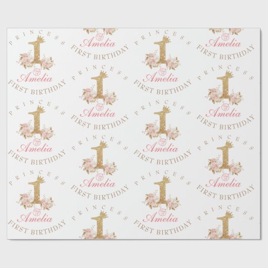 Shine Pink Gold Crown Princess 1e verjaardagsfeest Cadeaupapier (Vlak)